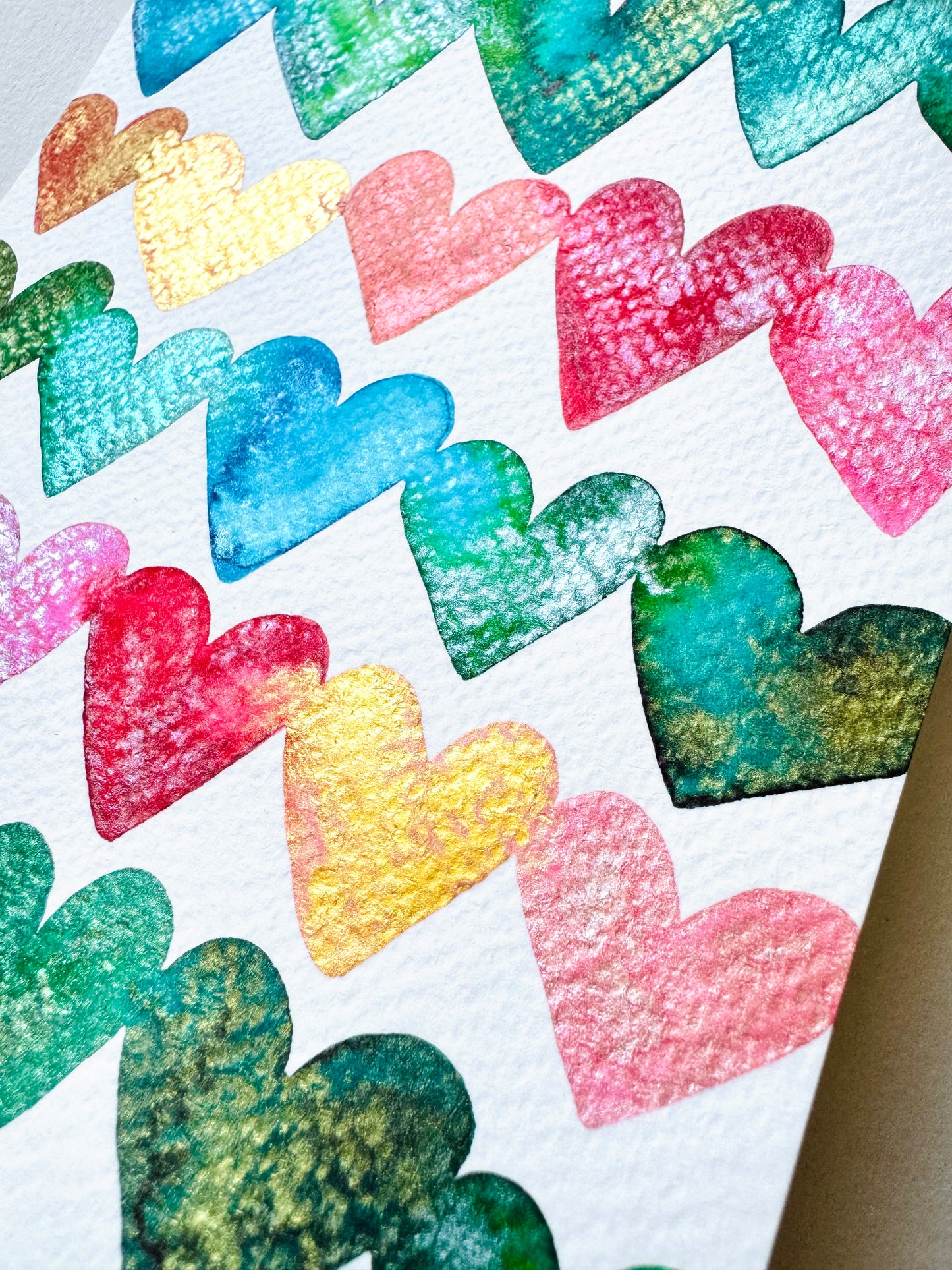 Metallic Shimmer Rainbow Watercolor Hearts Original Painting on 5x7 inch paper