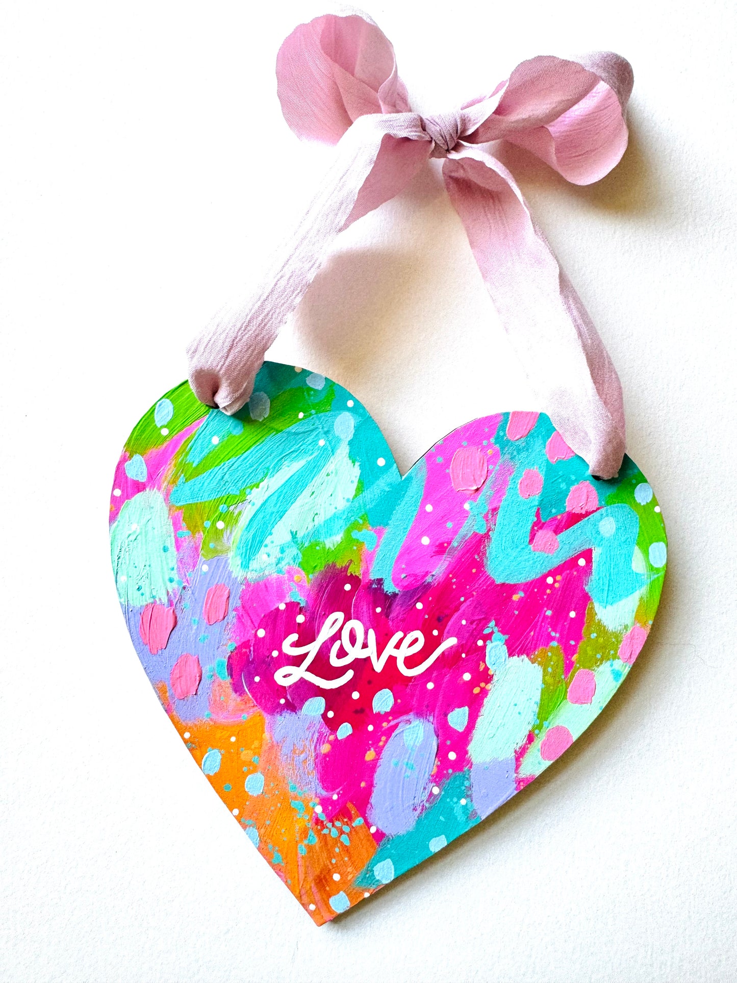 Original painting, wooden heart wall hanging with bow no.1