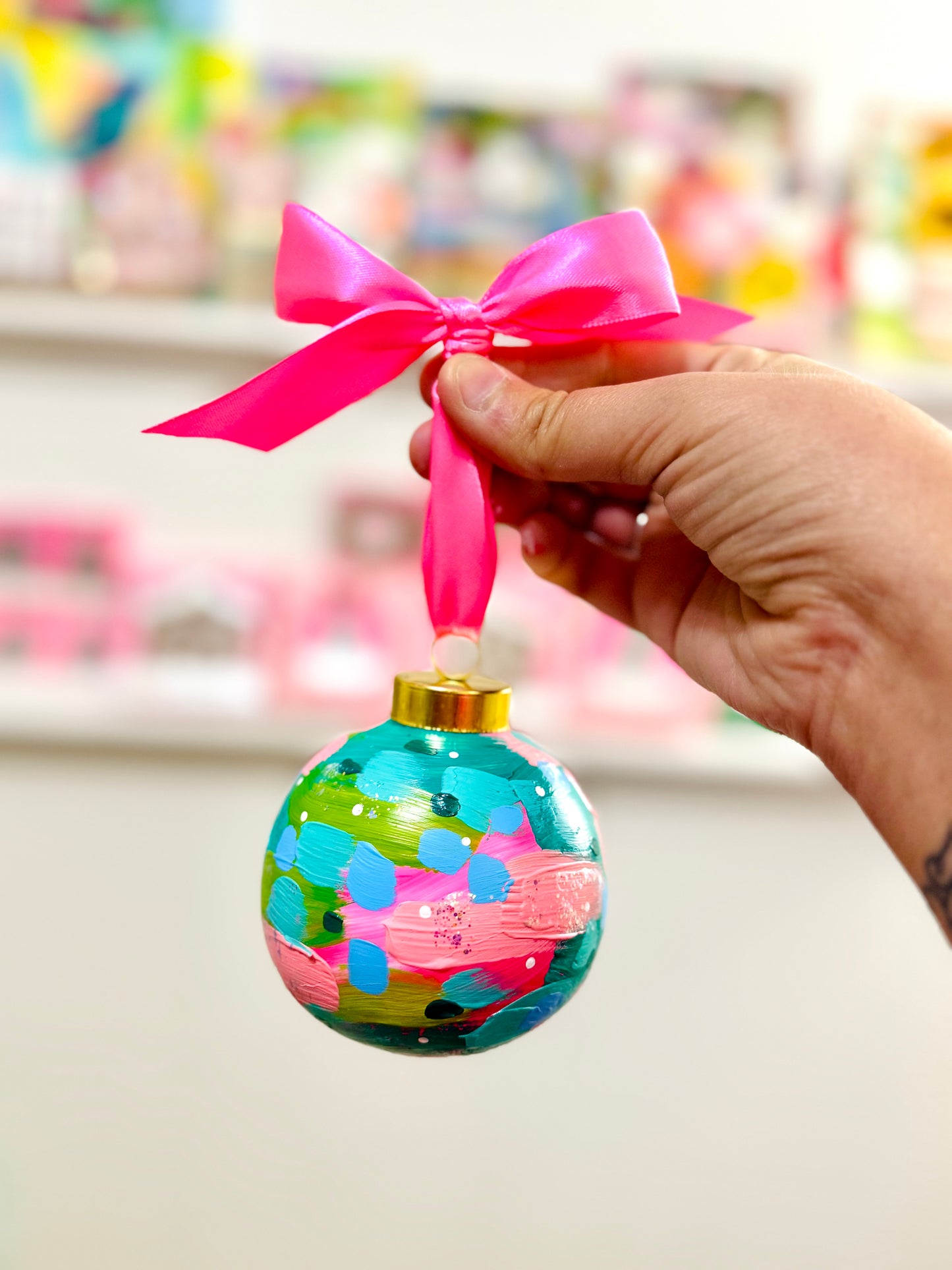 Hand Painted Ceramic Round Ornament Multi-Color Abstract 2