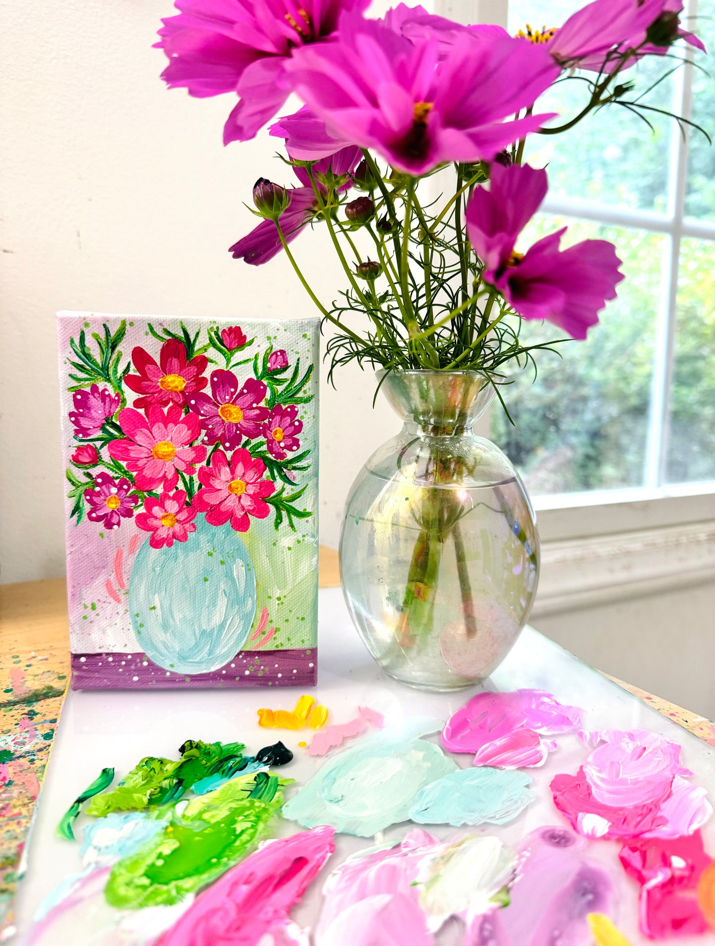 Whimsical Cosmo Bouquet on 4x6 inch canvas