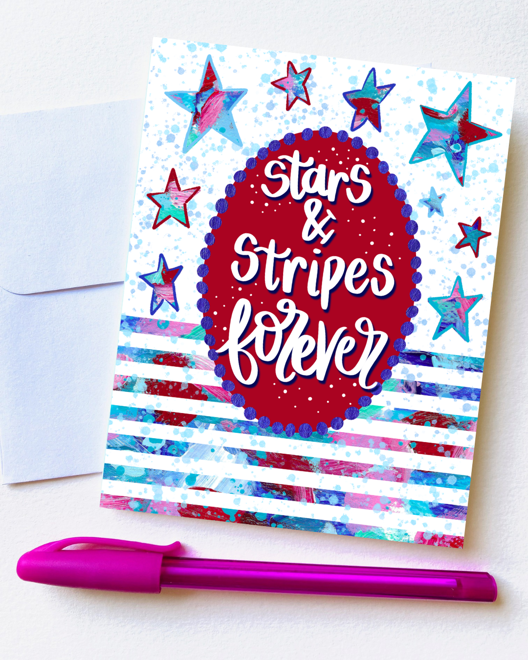 Card with 'Stars & Stripes forever' text and colorful stars on a white background