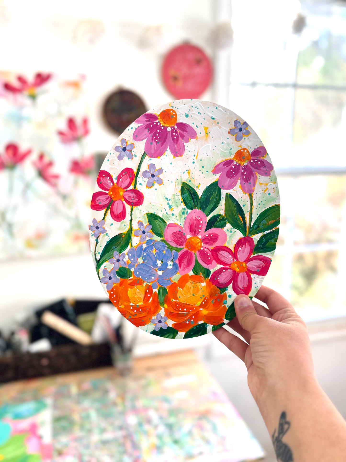 Spring Has Sprung Floral Original Painting on Oval Canvas
