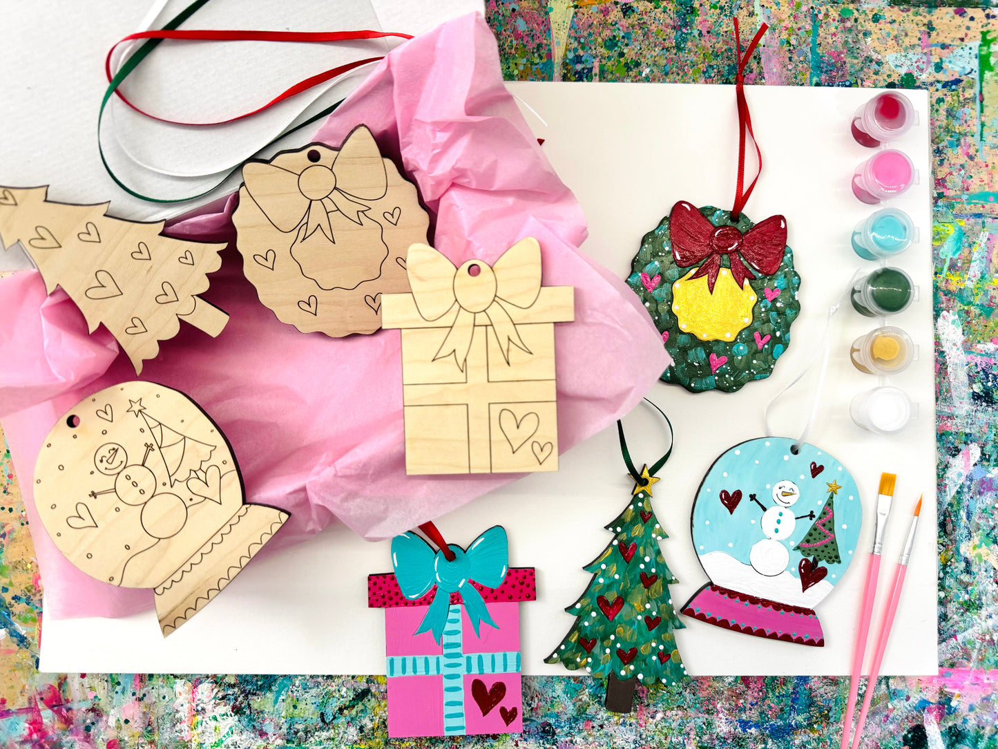 Christmas Ornament Art KIT - Paint Your Own Set of 4 Wooden Ornaments