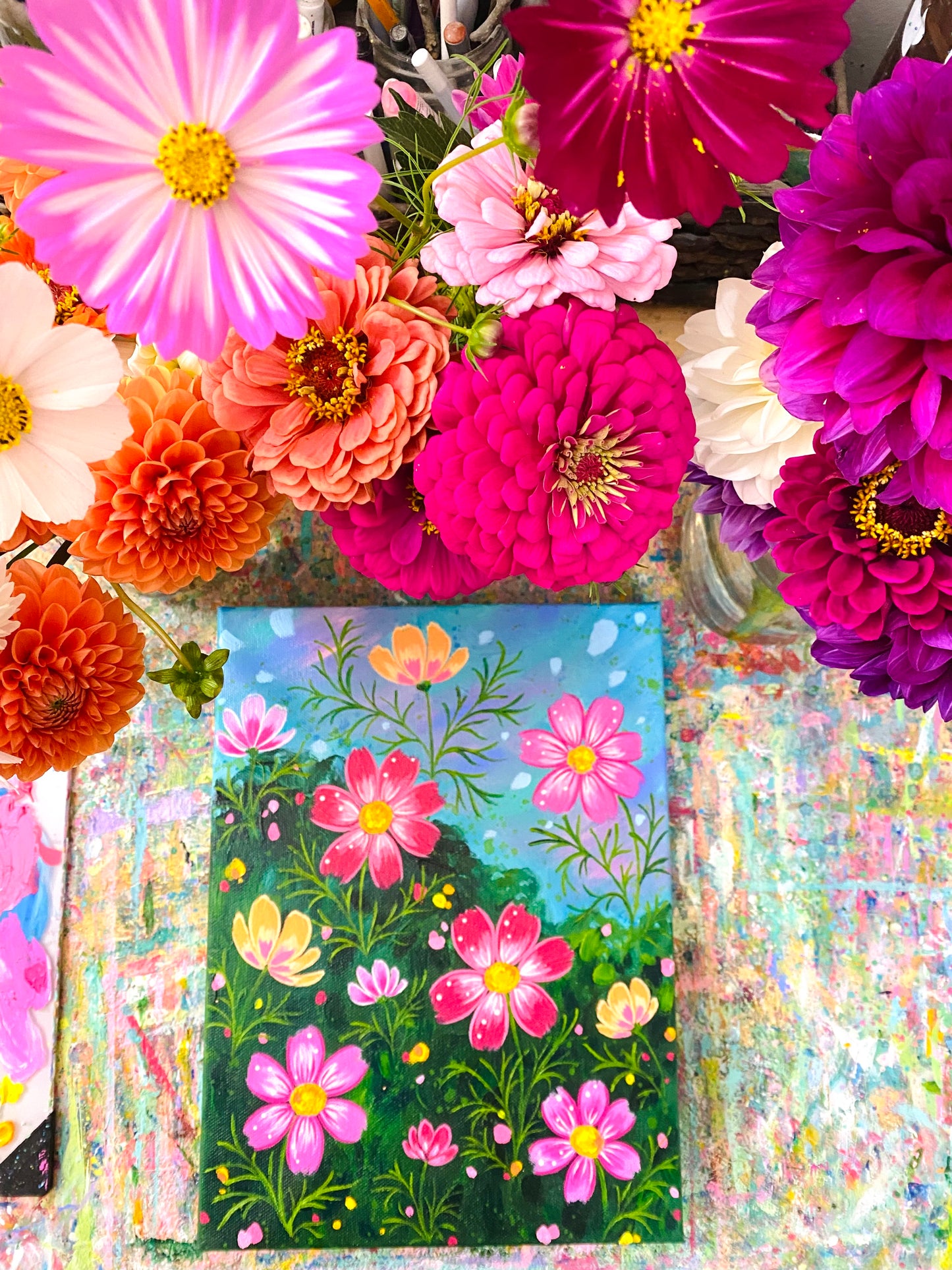 “Cosmo Fields” 9x12 inch original floral painting on canvas