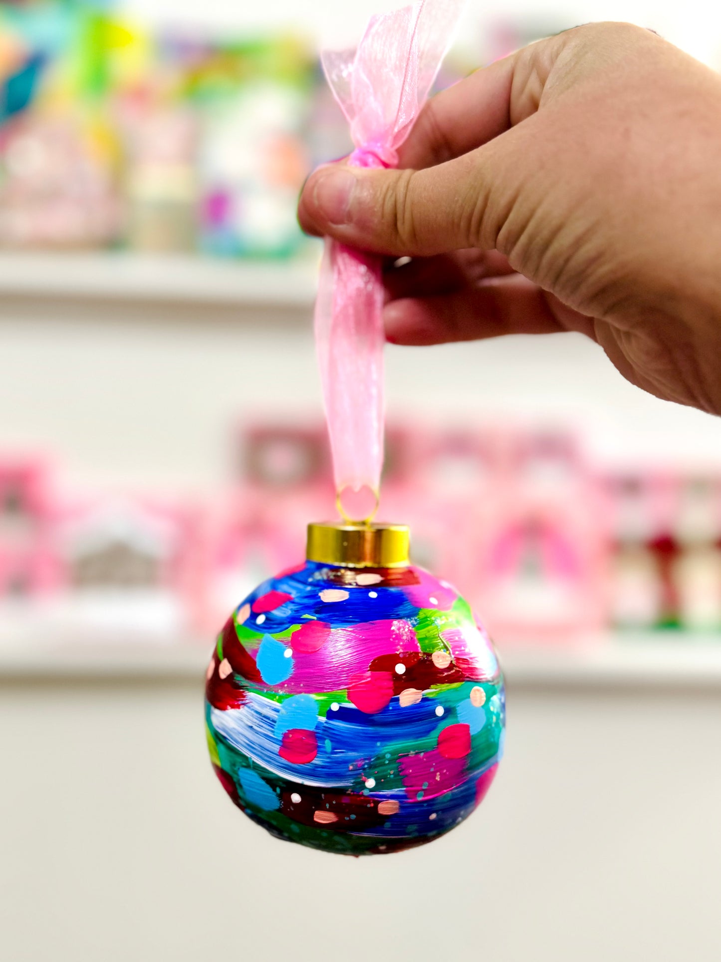 Hand Painted Ceramic Round Ornament Multi-Color Abstract 6