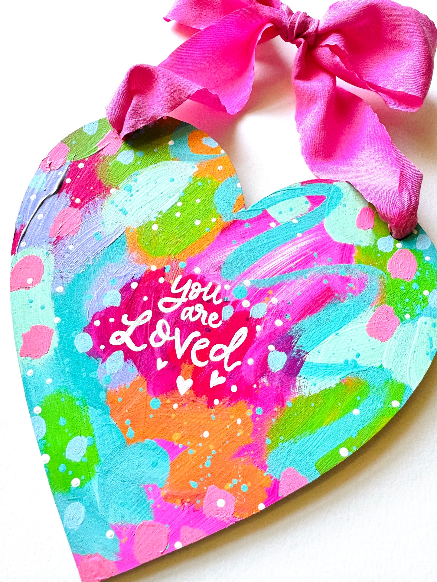 Original painting, wooden heart wall hanging with bow no.3