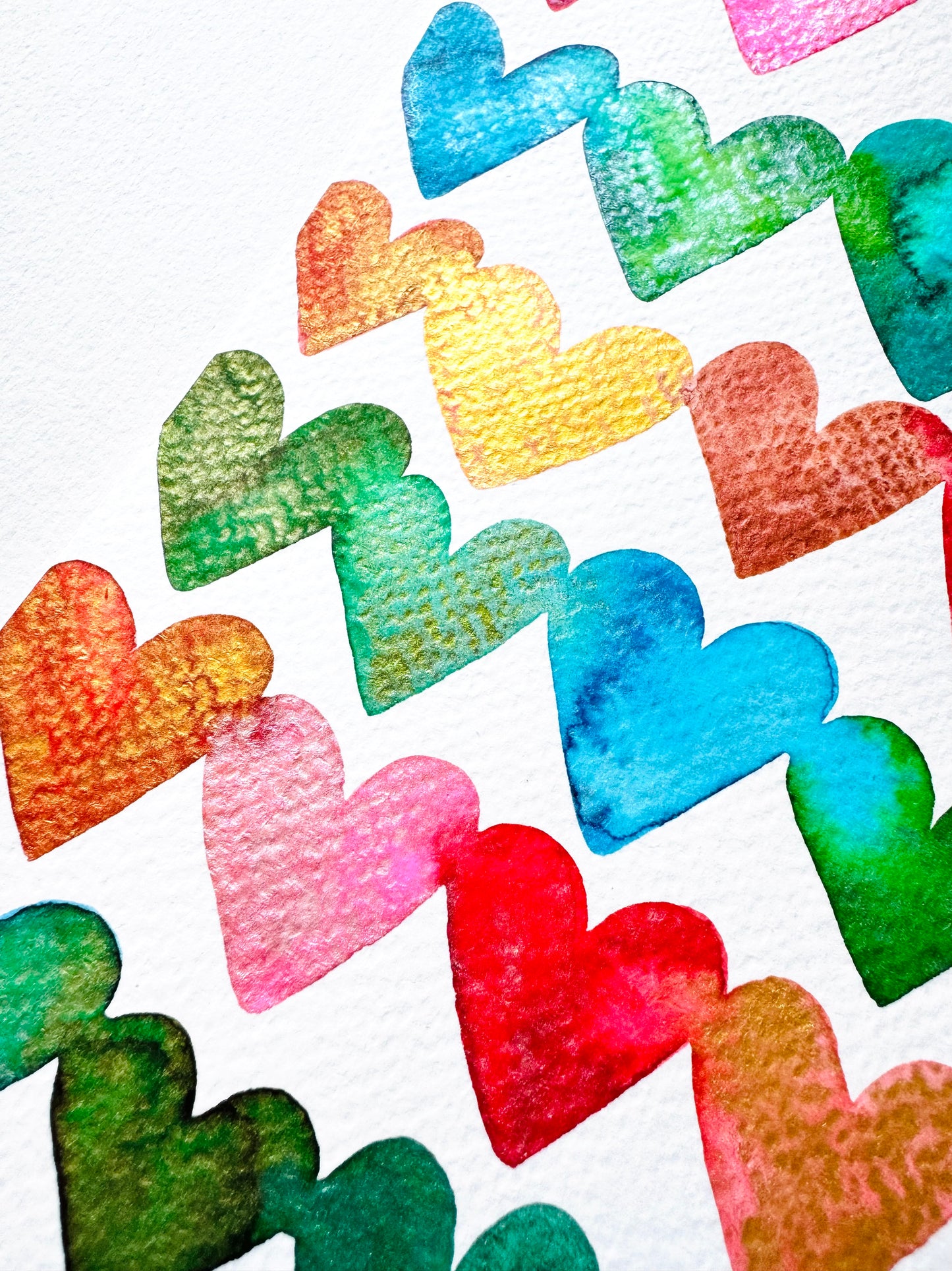 Metallic Shimmer Rainbow Watercolor Hearts Original Painting on 5x7 inch paper