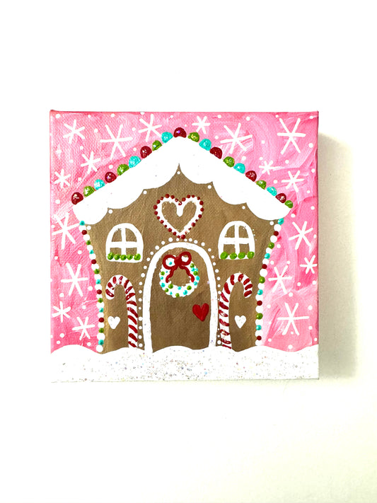 PRE-ORDER / Pink Gingerbread House 6x6 inch original painting on canvas