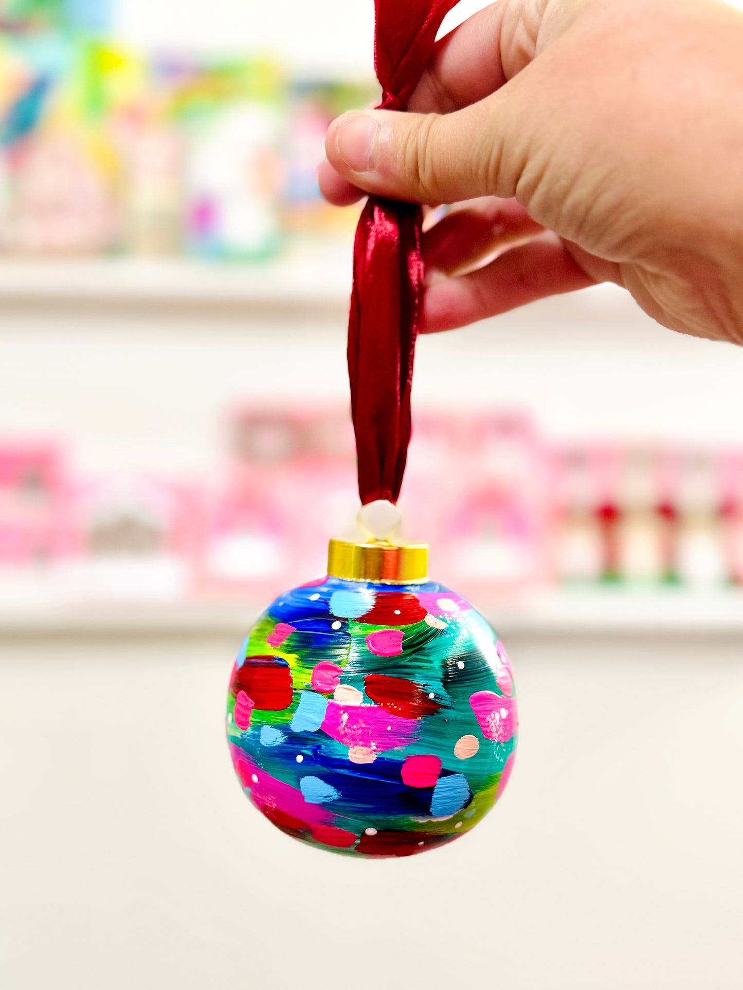 Hand Painted Ceramic Round Ornament Multi-Color Abstract 8