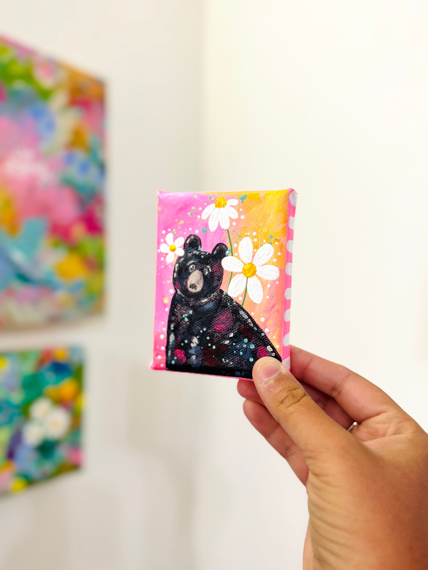 Black Bear Floral Mini Canvas Pink