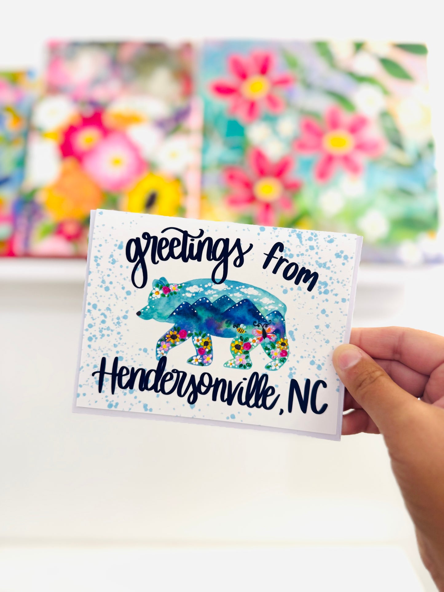 "Greetings from Hendersonville, NC Daisy Dogwood Bear" Card with Envelope