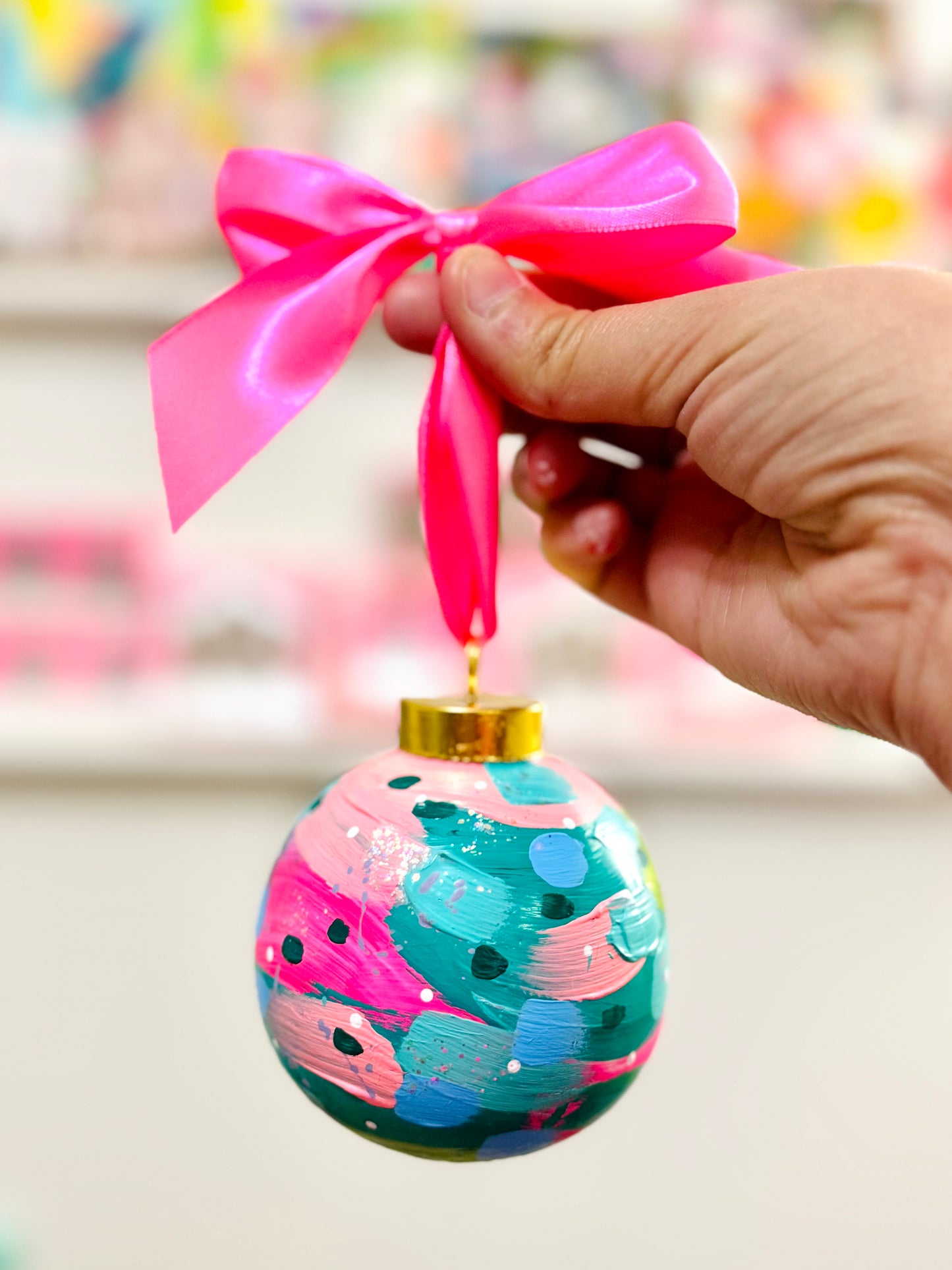 Hand Painted Ceramic Round Ornament Multi-Color Abstract 4