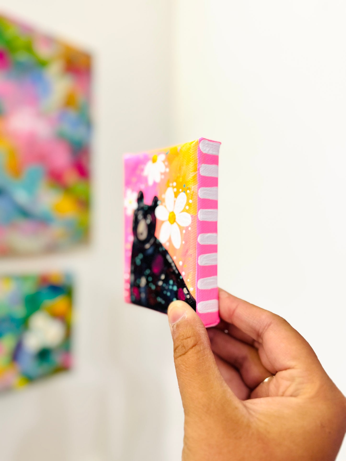 Black Bear Floral Mini Canvas Pink