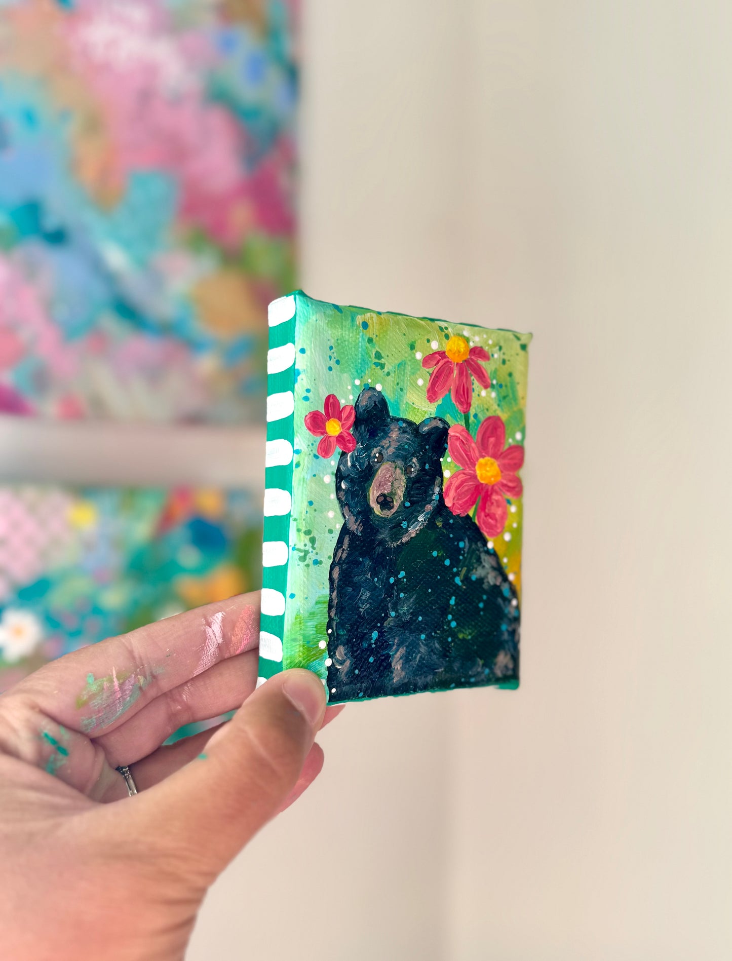 Black Bear Floral Mini Canvas Green