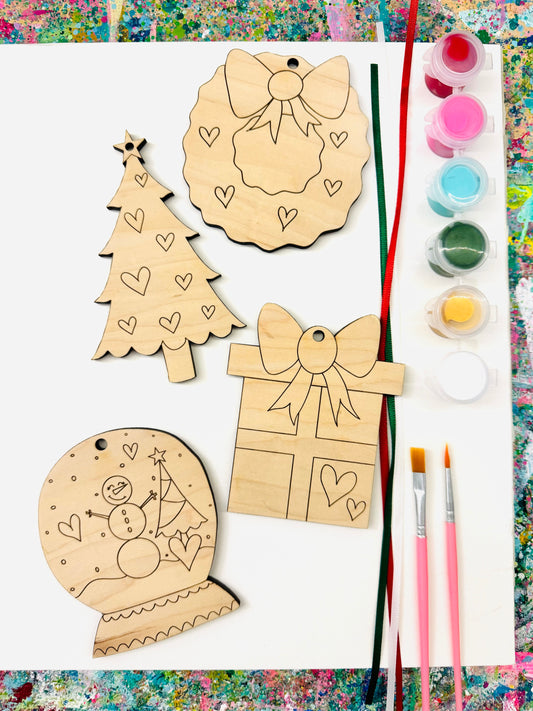 Christmas Ornament Art KIT - Paint Your Own Set of 4 Wooden Ornaments