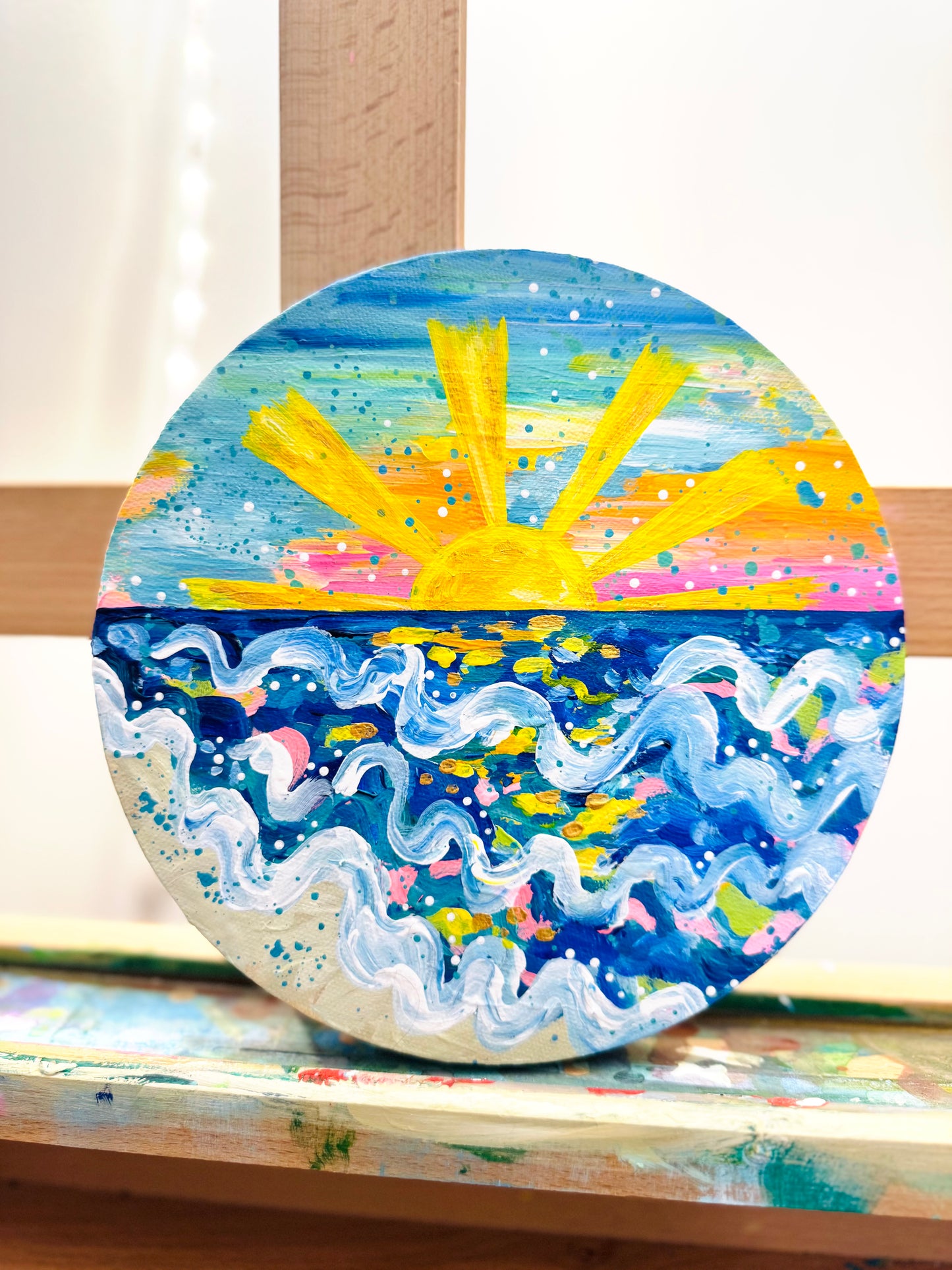 "Chasing Coastal Light" Original Beach Painting on Circle Canvas