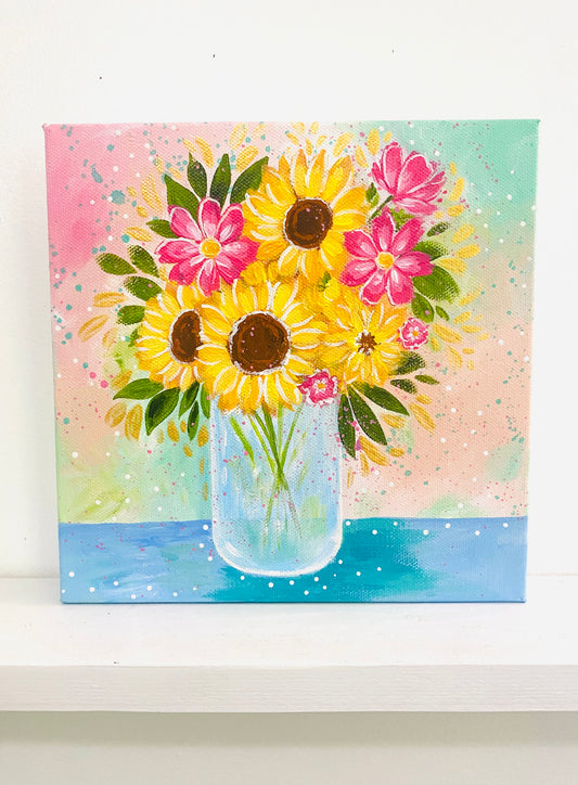 “Sunflower Bouquet” 8x8 inch original floral painting on canvas