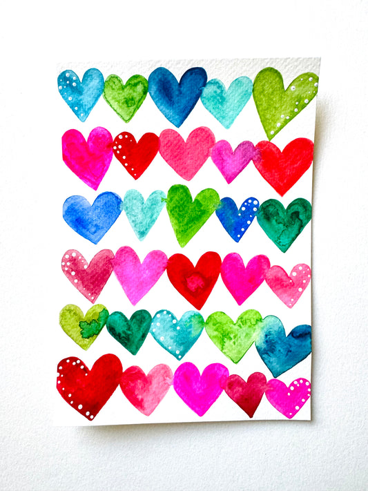 Rainbow Watercolor Hearts Original Painting on 5x7 inch paper no. 2