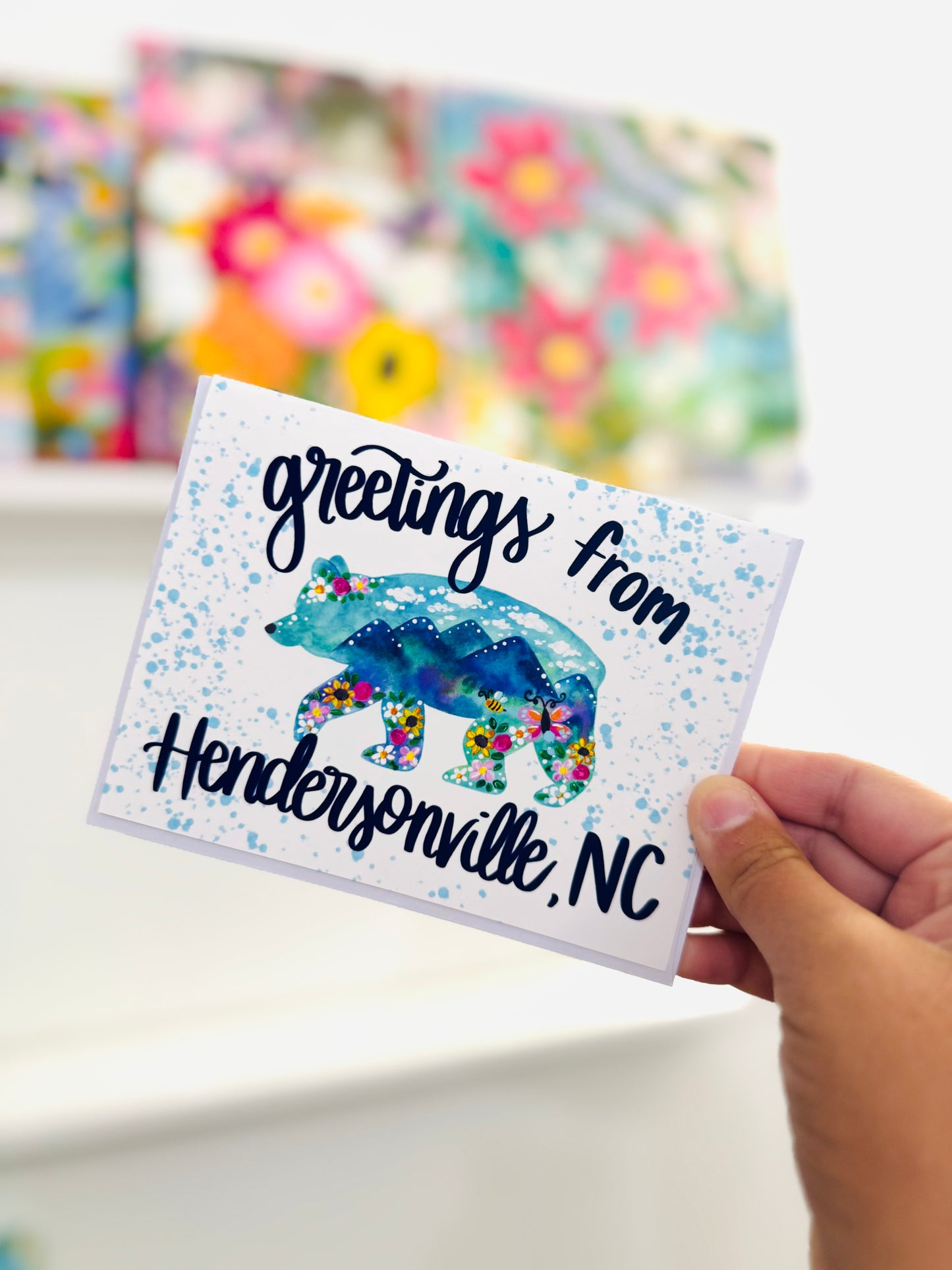 "Greetings from Hendersonville, NC Daisy Dogwood Bear" Card with Envelope