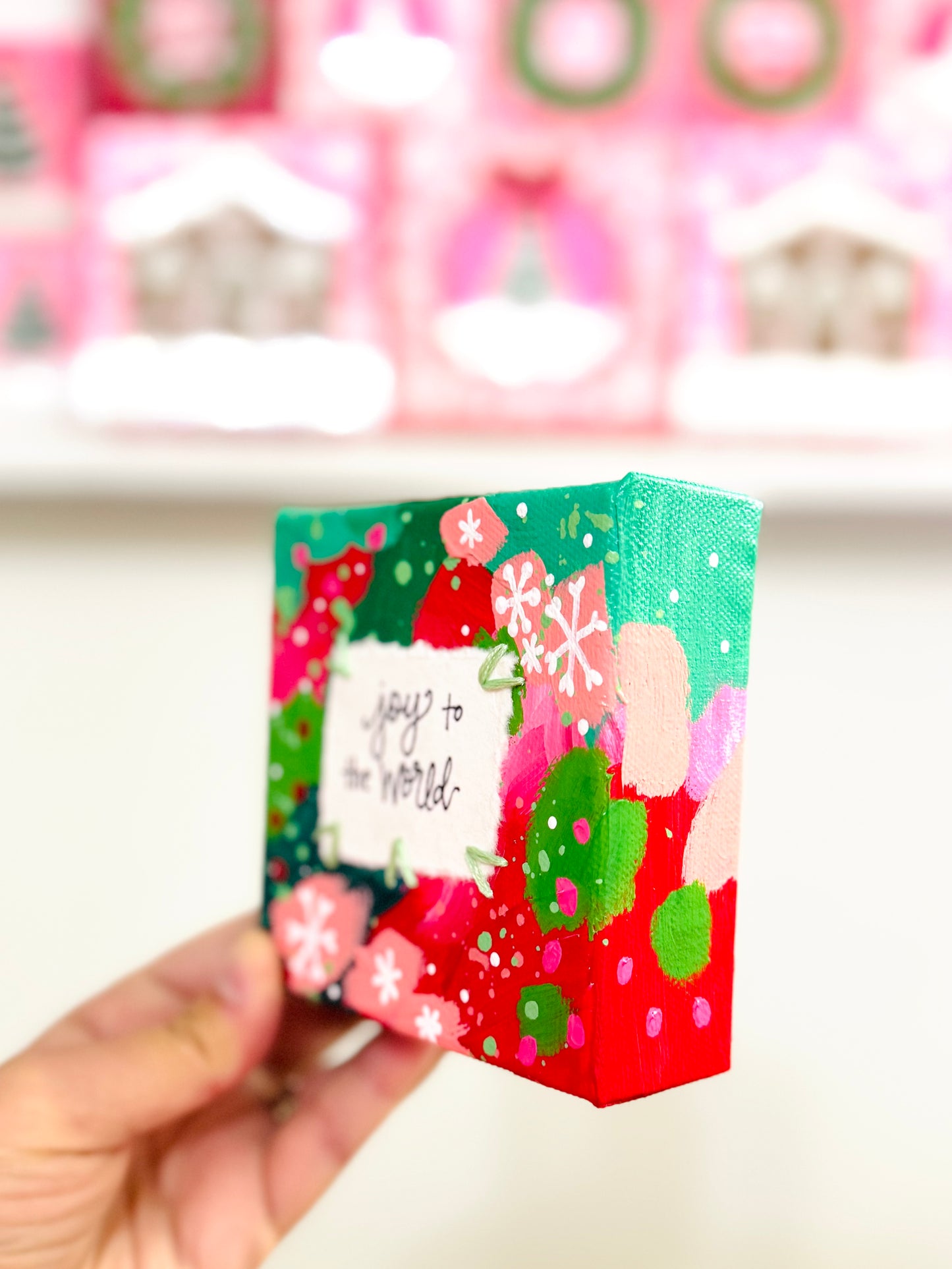 Joy to the World 4x4 inch original abstract canvas with embroidery thread accents