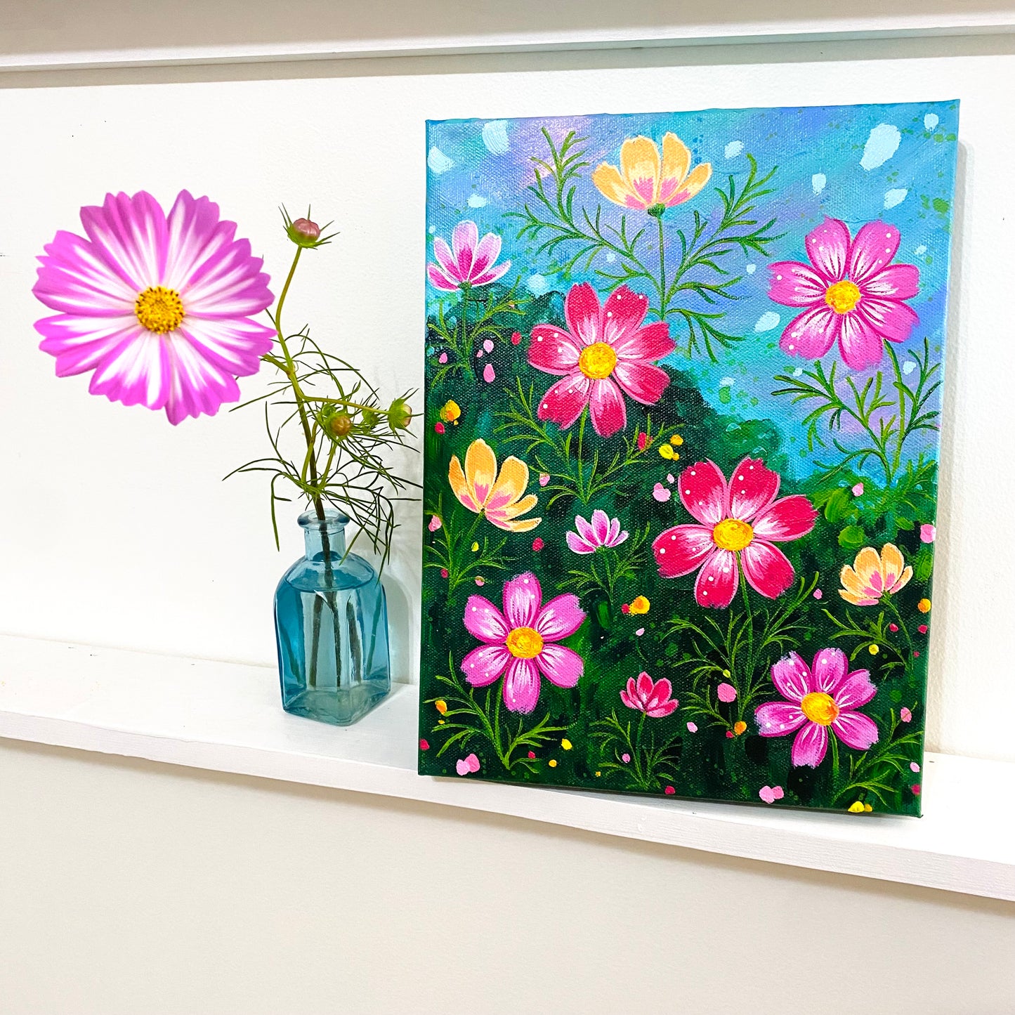 “Cosmo Fields” 9x12 inch original floral painting on canvas