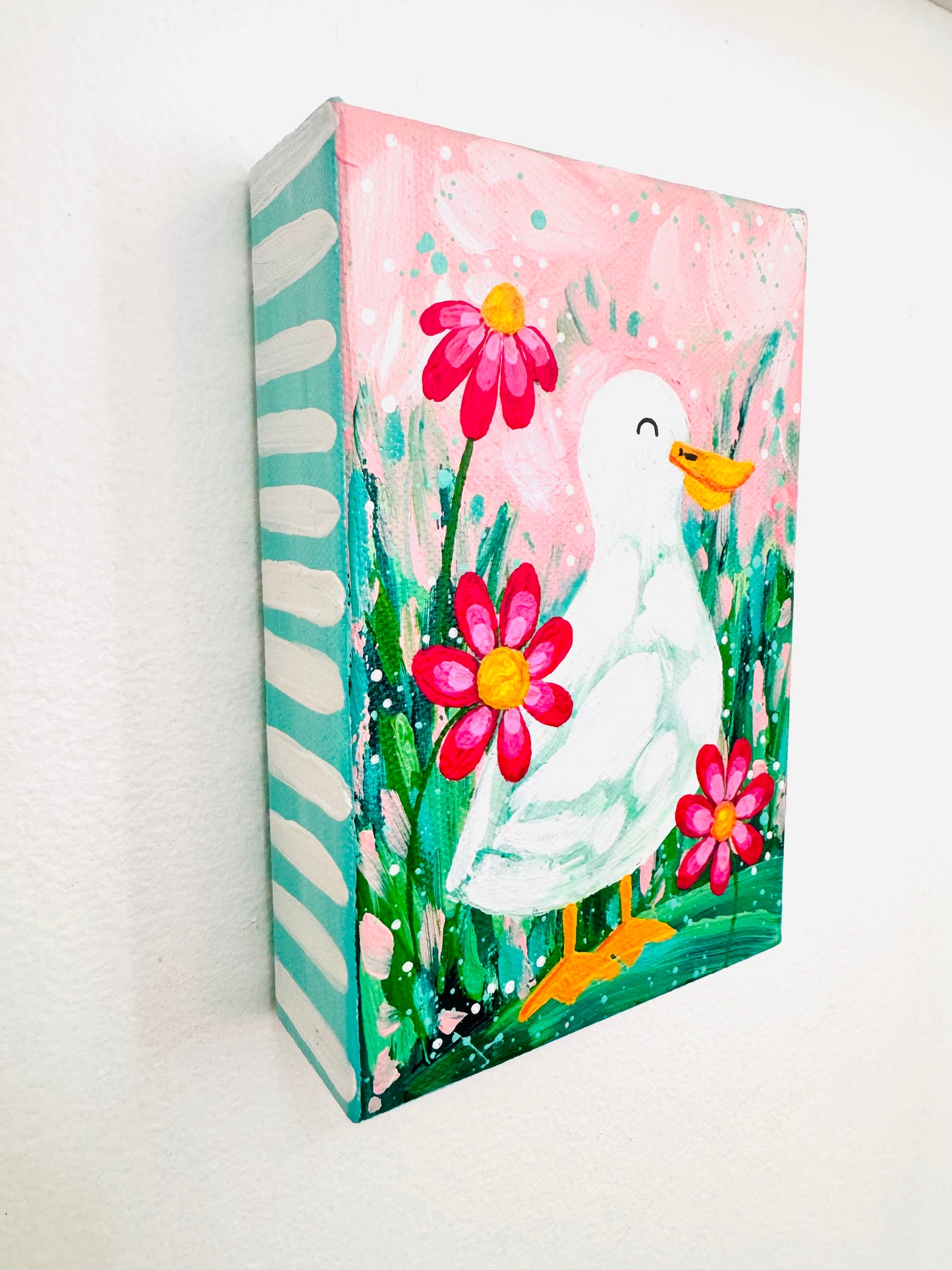 “Spring Awakens” Floral Duck Painting on 4x6 inch canvas