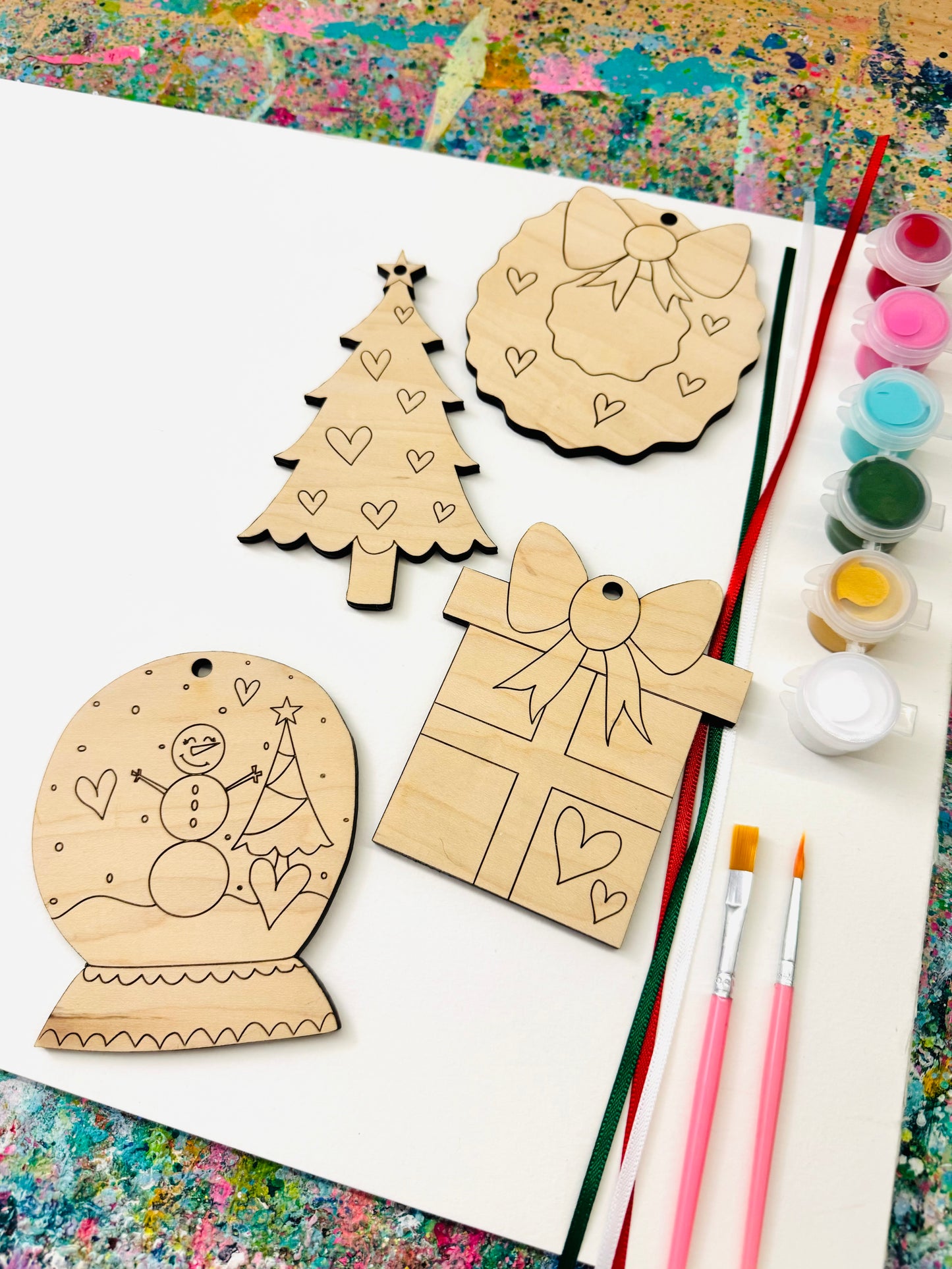 Christmas Ornament Art KIT - Paint Your Own Set of 4 Wooden Ornaments