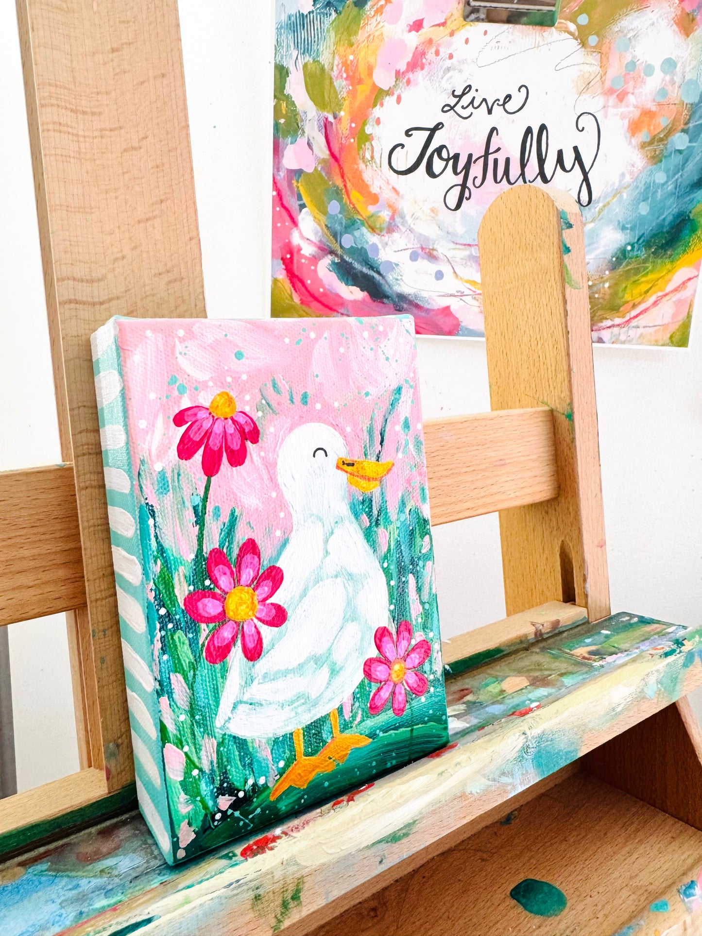 “Spring Awakens” Floral Duck Painting on 4x6 inch canvas