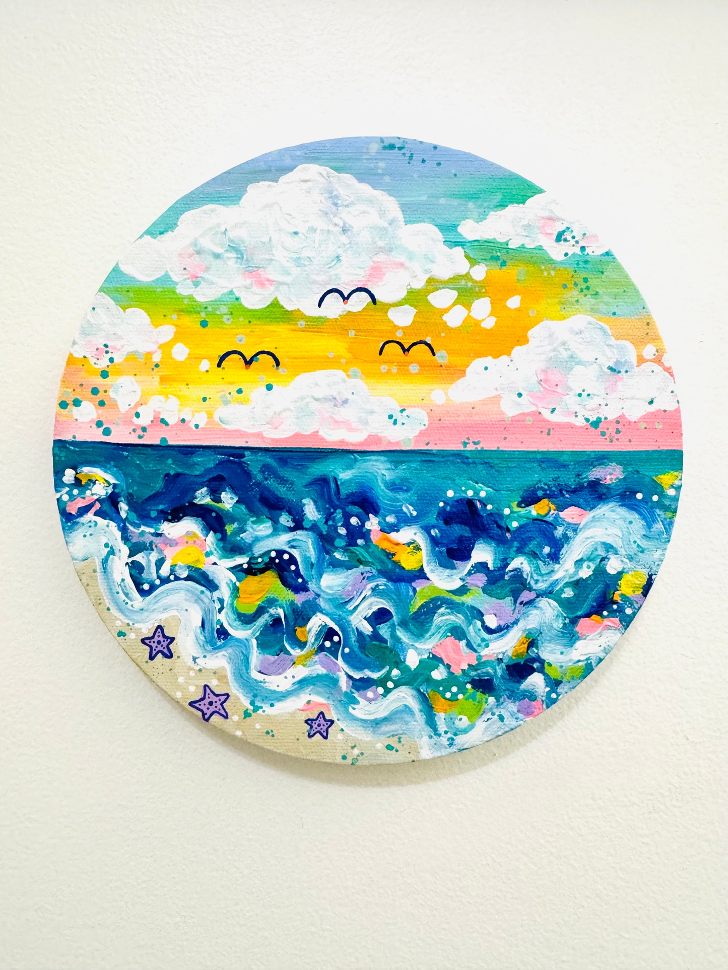 "Morning at the Shore" Original Beach Painting on Circle Canvas