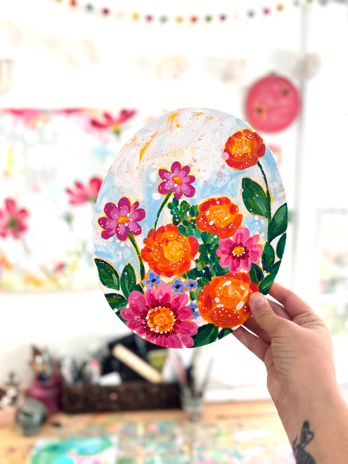 Spring Symphony Floral Original Painting on Oval Canvas