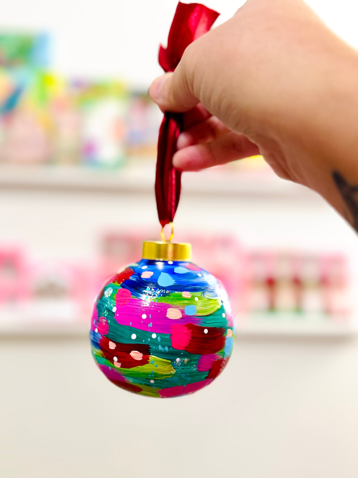 Hand Painted Ceramic Round Ornament Multi-Color Abstract 9