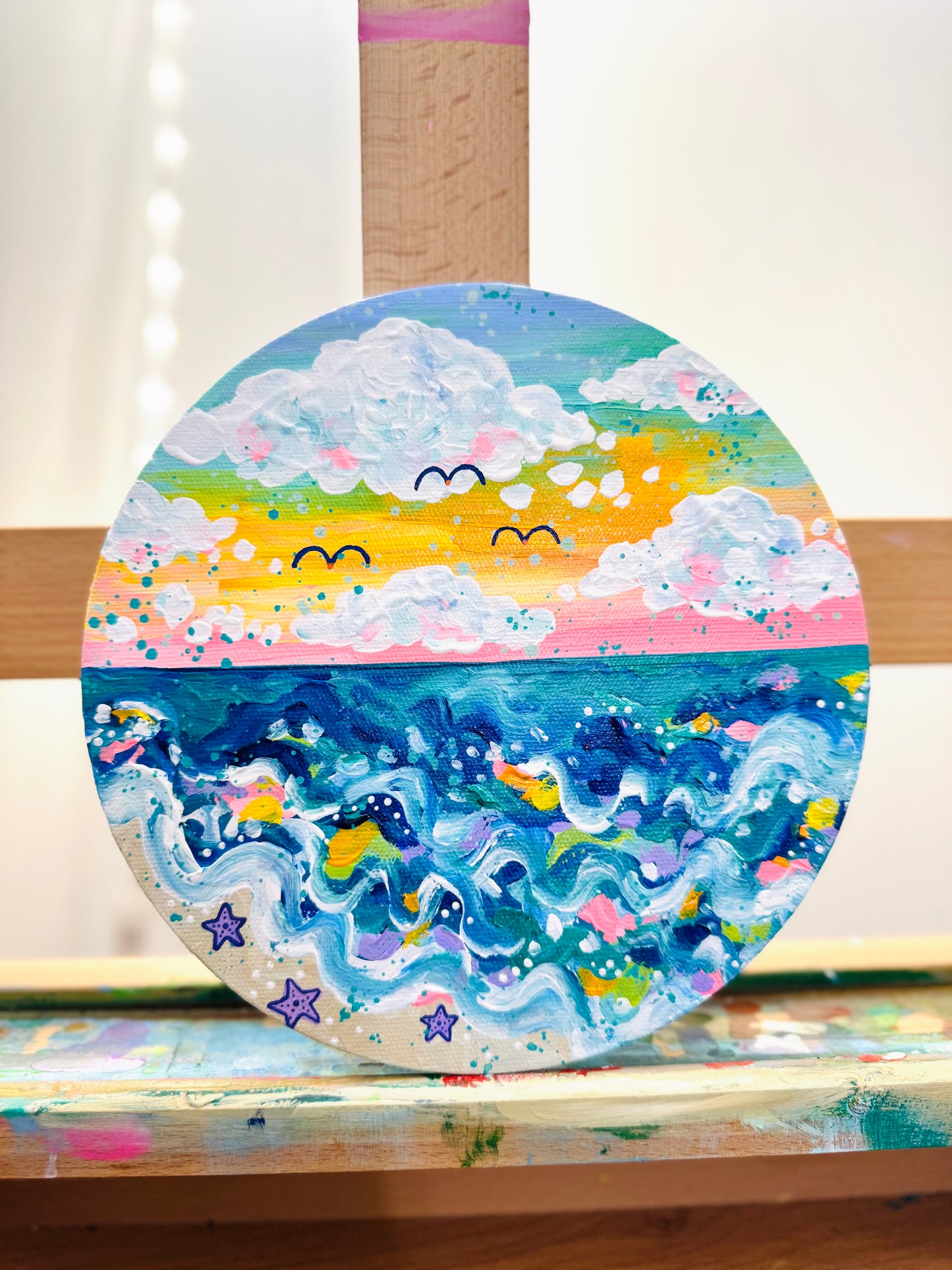 "Morning at the Shore" Original Beach Painting on Circle Canvas
