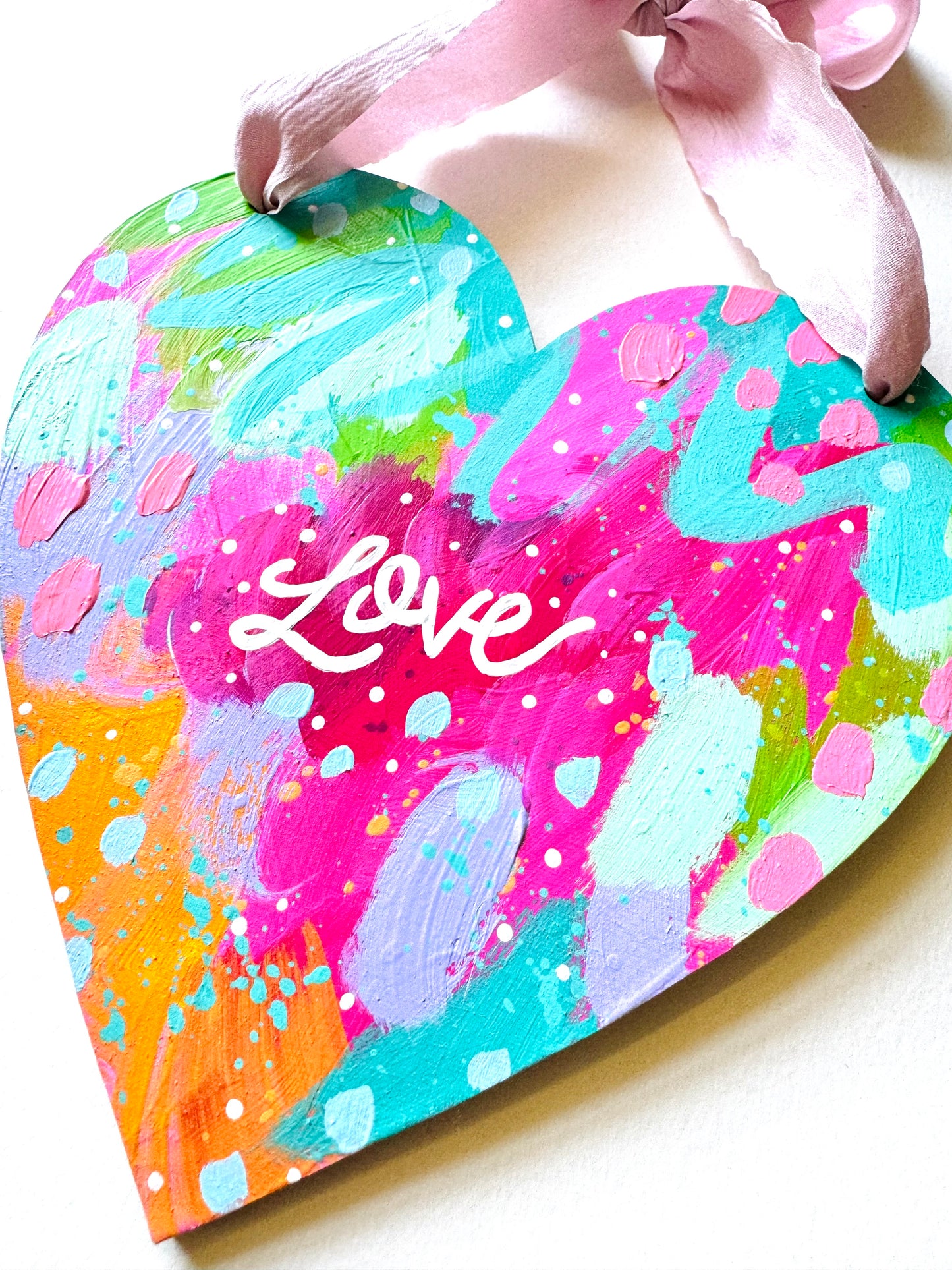 Original painting, wooden heart wall hanging with bow no.1