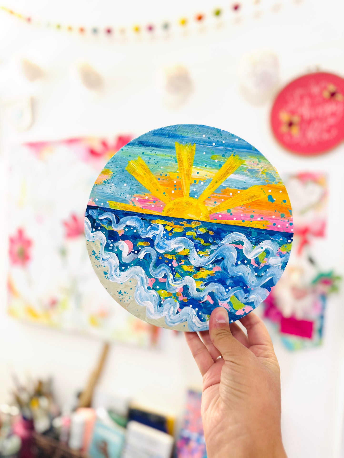 "Chasing Coastal Light" Original Beach Painting on Circle Canvas