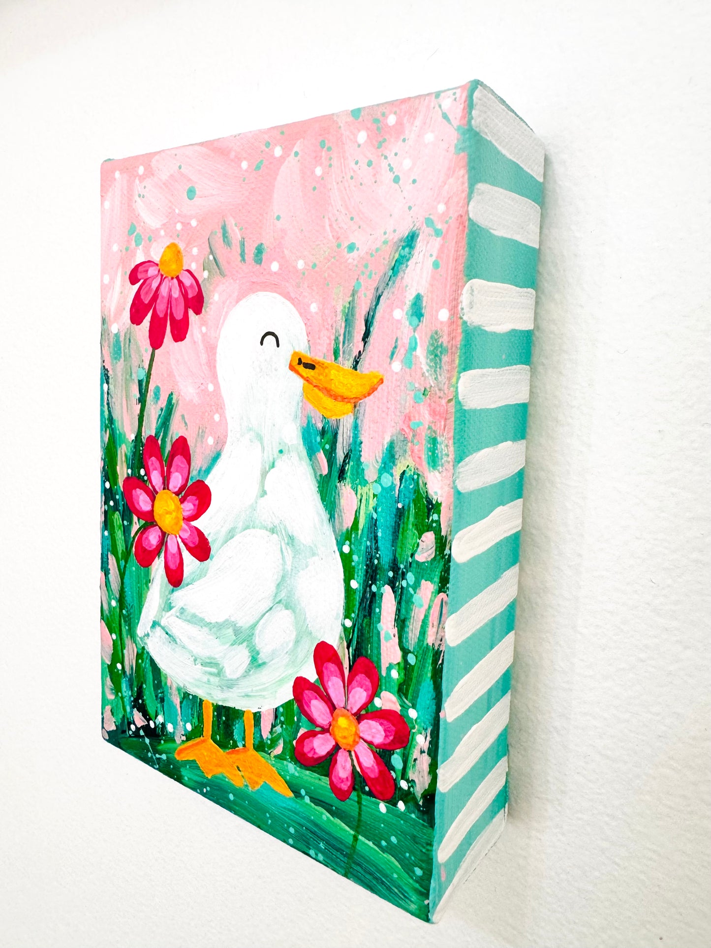 “Spring Awakens” Floral Duck Painting on 4x6 inch canvas