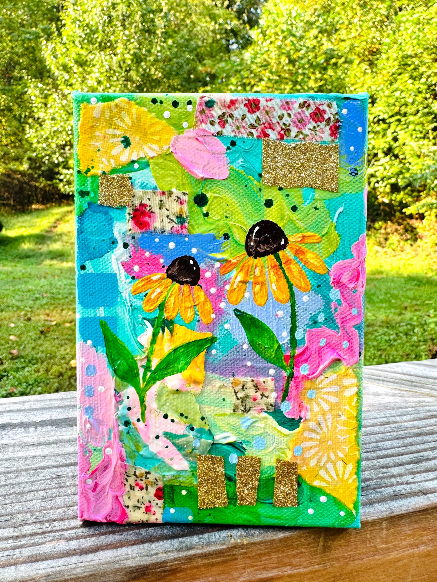“Sunshine Petals” Abstract Collage Painting on 4x6 inch canvas