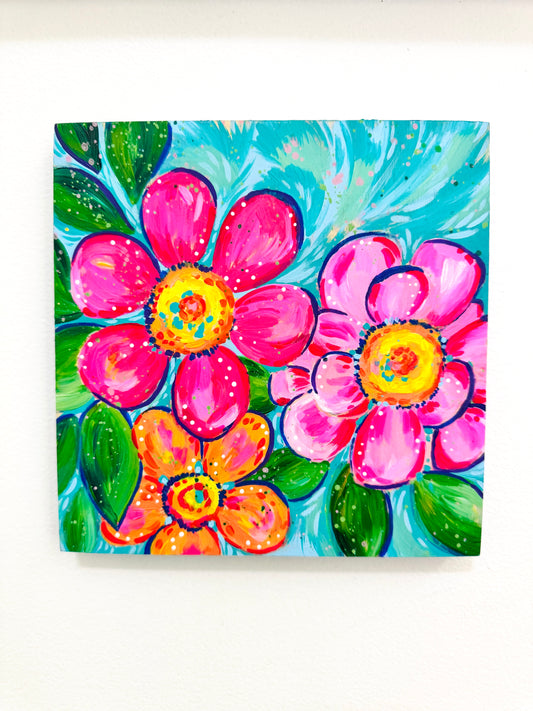 “Petal Parade” 8x8 inch original floral painting on wood panel