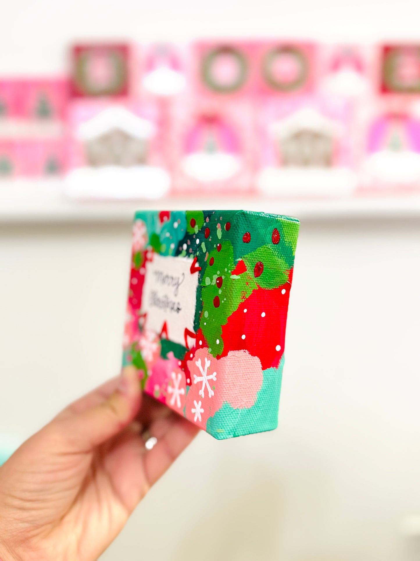 Merry Christmas 4x4 inch original abstract canvas with embroidery thread accents