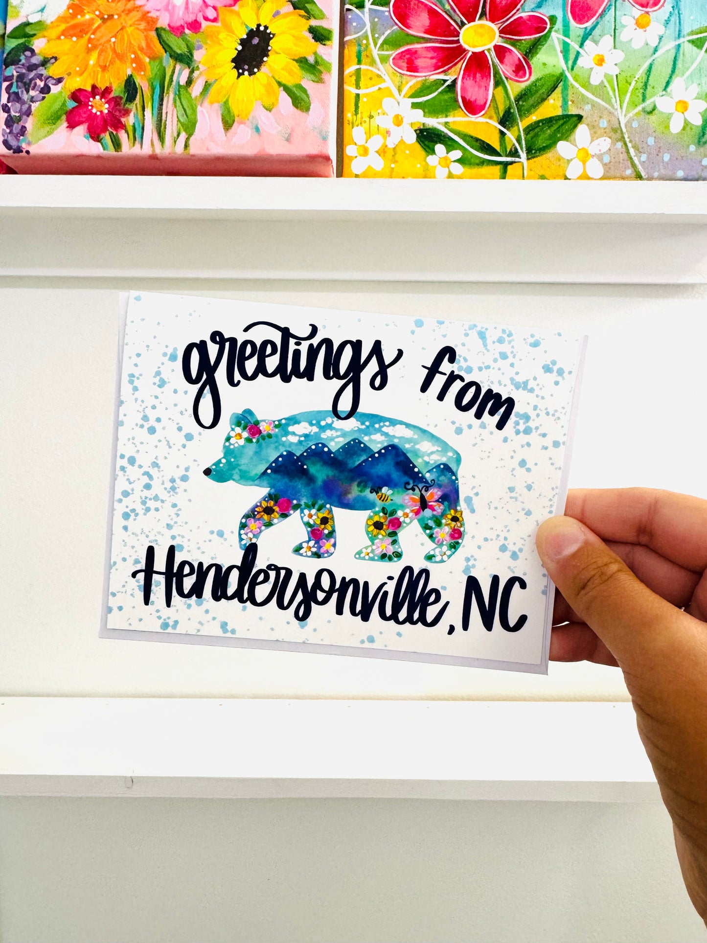 "Greetings from Hendersonville, NC Daisy Dogwood Bear" Card with Envelope
