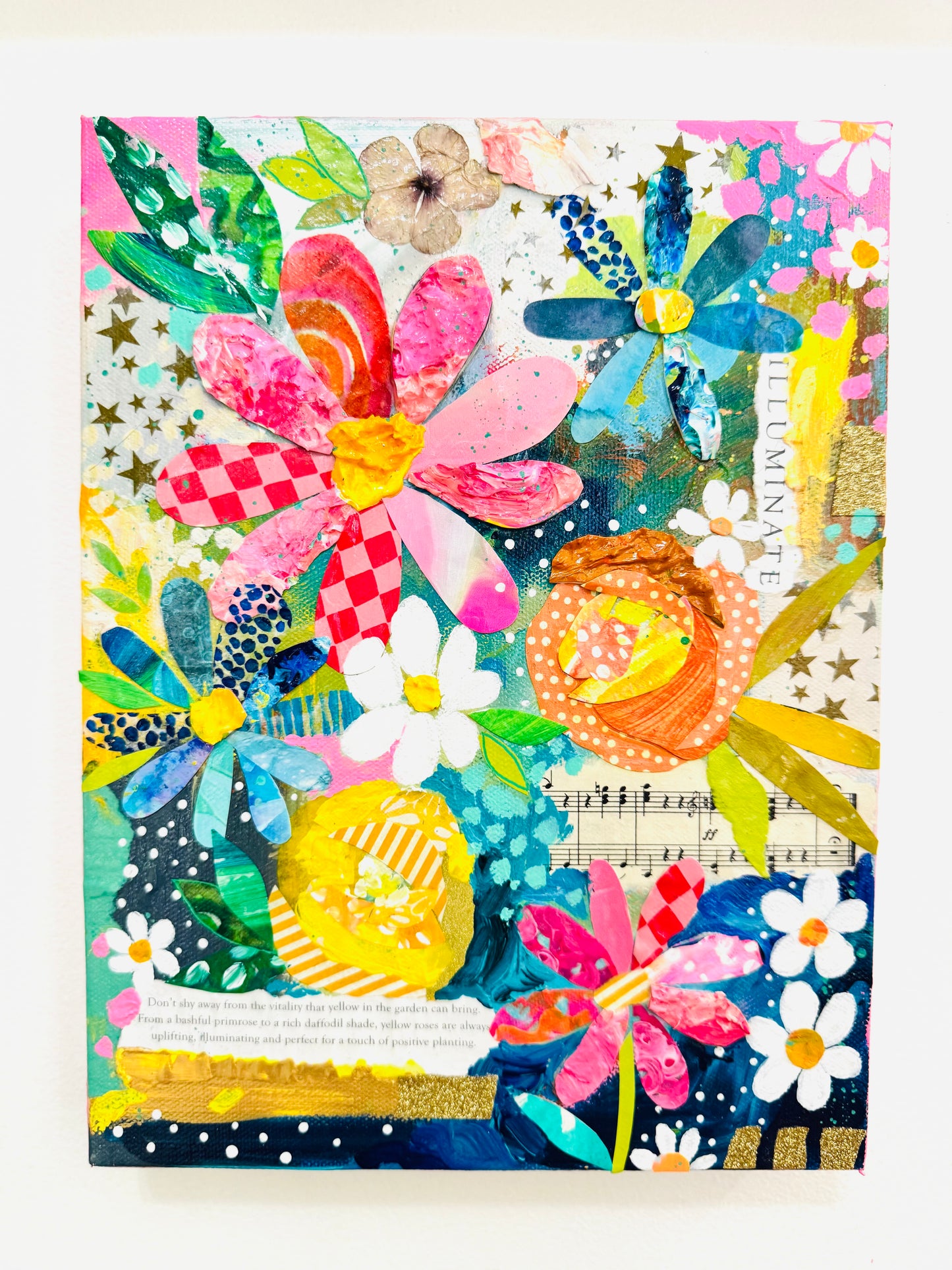 “Illuminate” Abstract Floral Collage Painting on 9x12 inch canvas