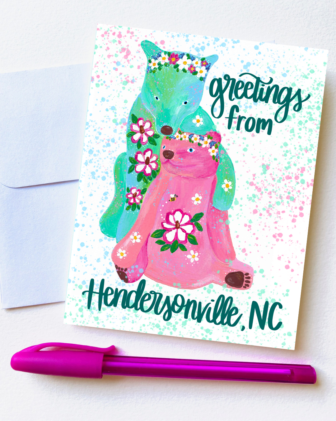 "Greetings from Hendersonville, NC Blue Ridge Blossom Bear" Card with Envelope