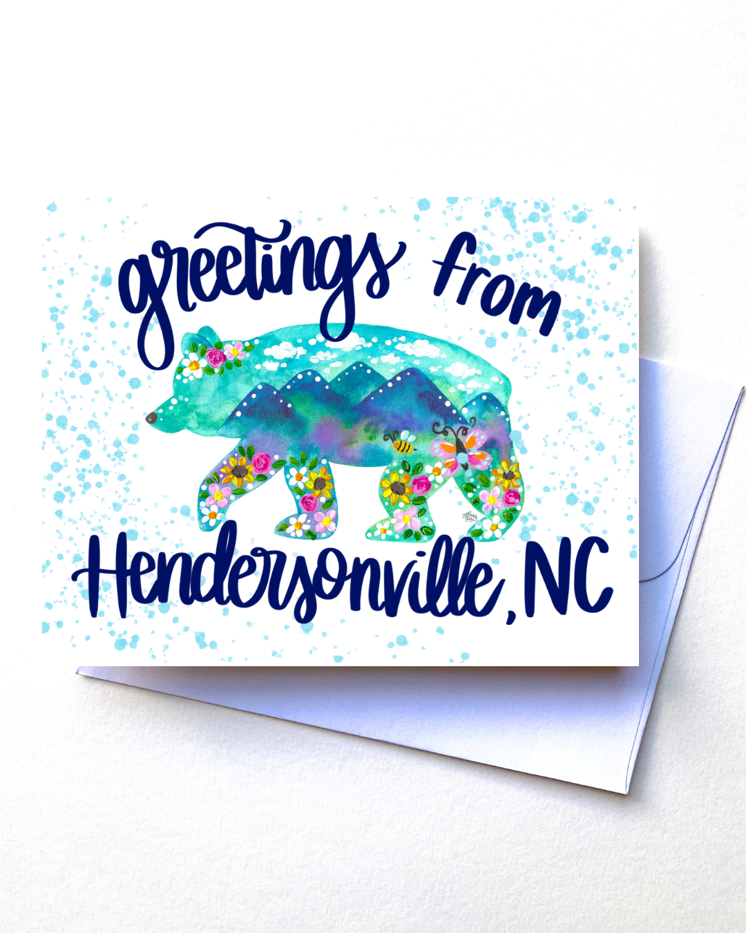 "Greetings from Hendersonville, NC Daisy Dogwood Bear" Card with Envelope