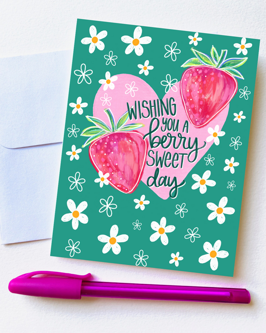 "Wishing You a Berry Sweet Day" Green Card with Envelope
