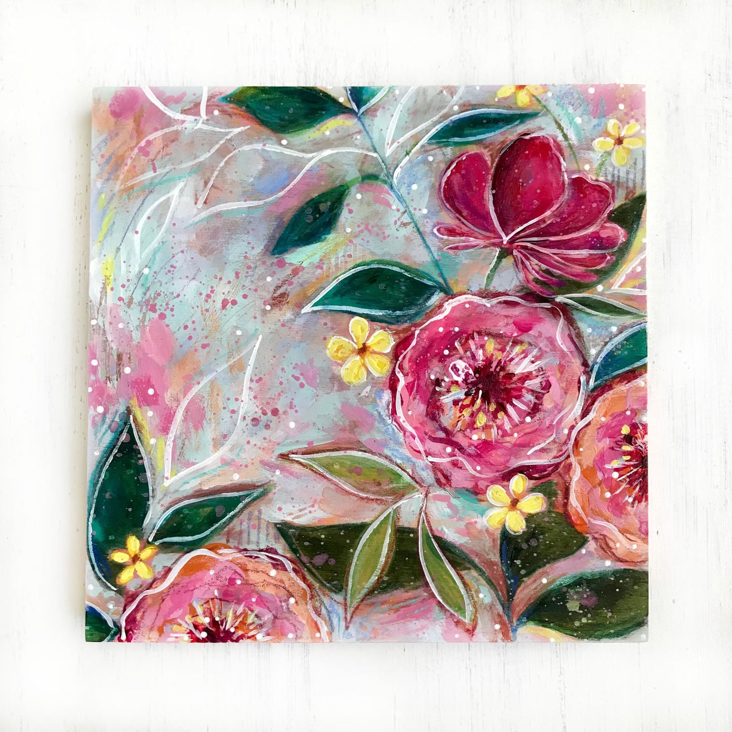 New Spring Floral Mixed Media Painting on 8x8 inch wood panel no.1 - Bethany Joy Art
