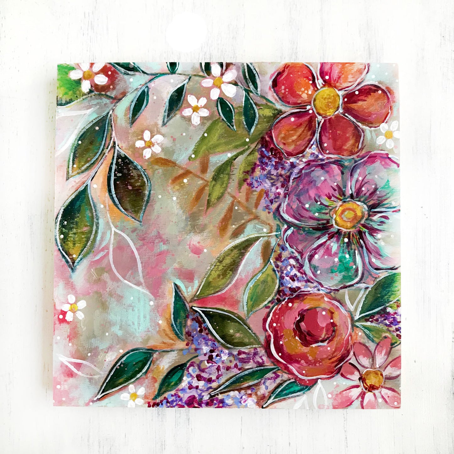 Garden of Joy Spring Floral Mixed Media Painting on 8x8 inch wood panel - Bethany Joy Art