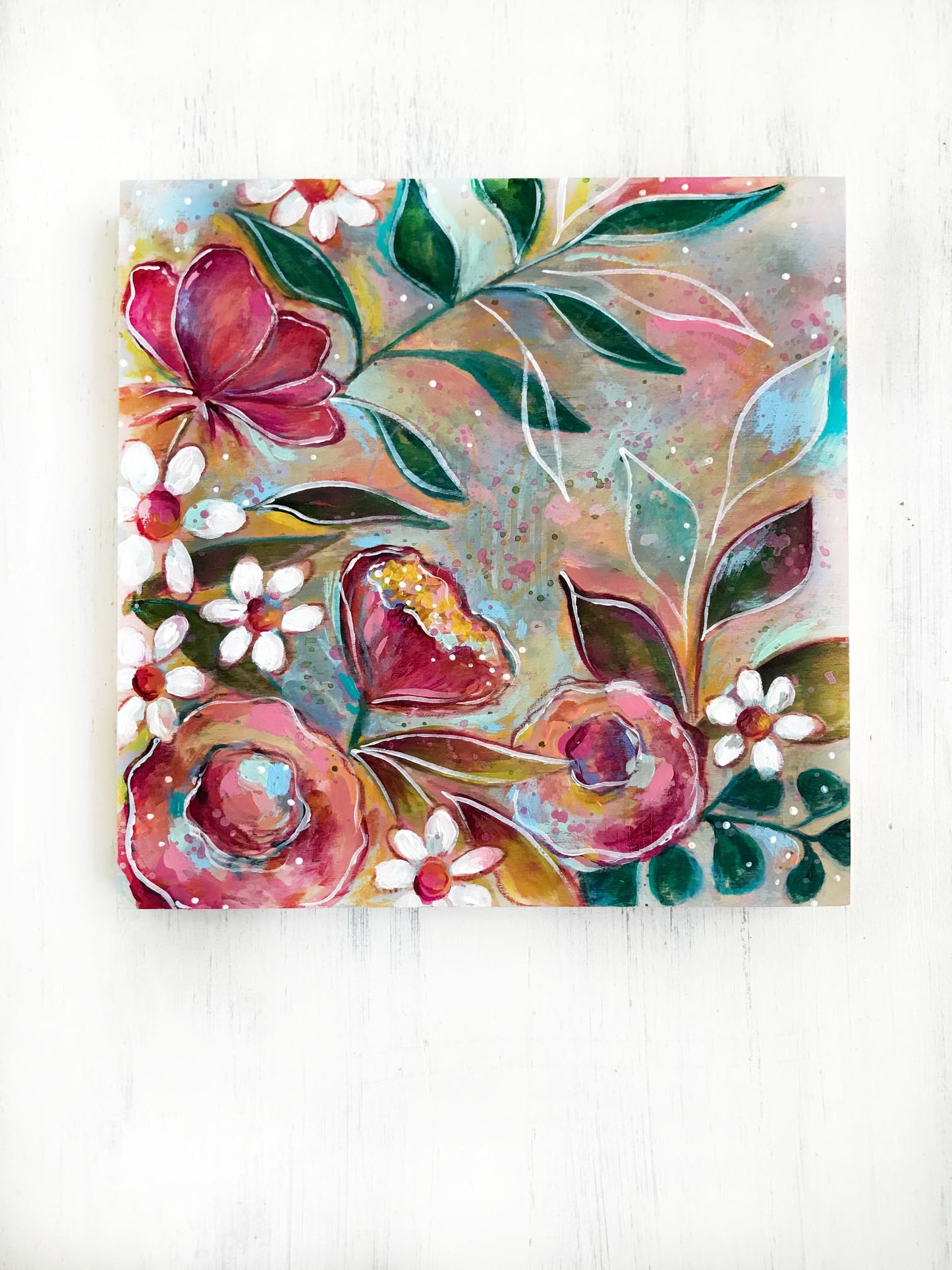 Spring Has Sprung Floral Mixed Media Painting on 8x8 inch wood panel - Bethany Joy Art