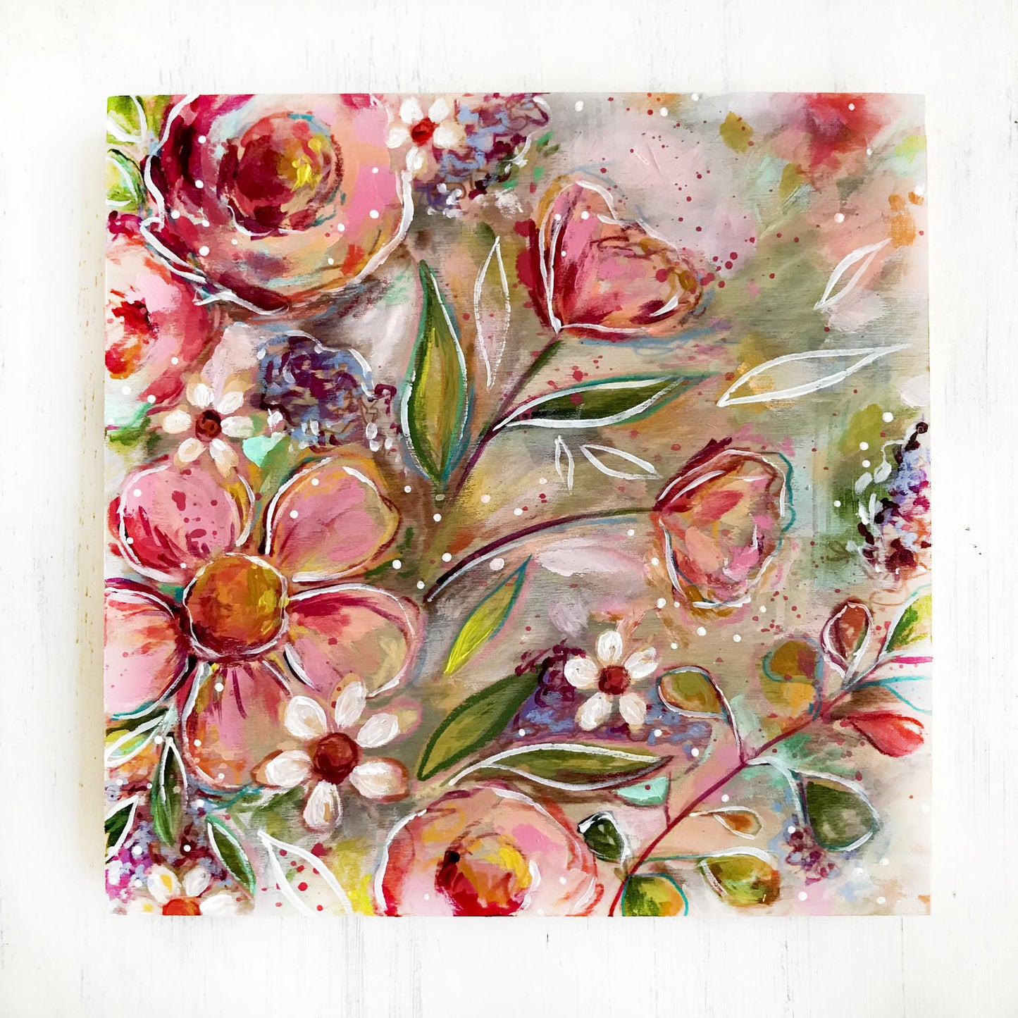 New Spring Floral Mixed Media Painting on 8x8 inch wood panel no.9 - Bethany Joy Art