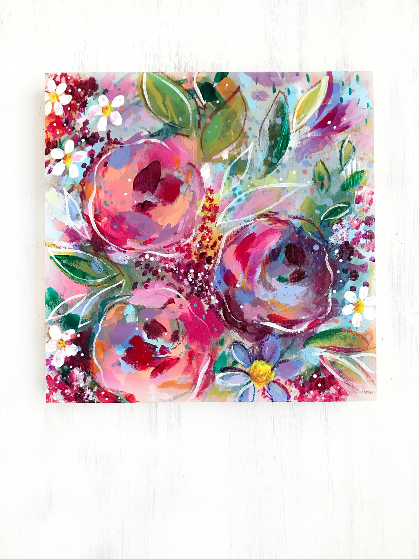 New Spring Floral Mixed Media Painting on 8x8 inch wood panel no.7 - Bethany Joy Art