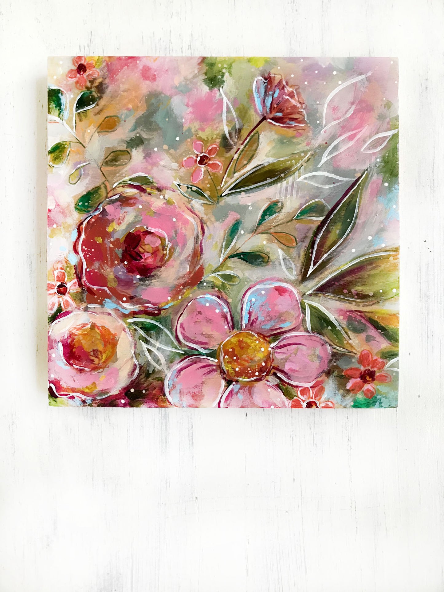 New Spring Floral Mixed Media Painting on 8x8 inch wood panel no.2 - Bethany Joy Art