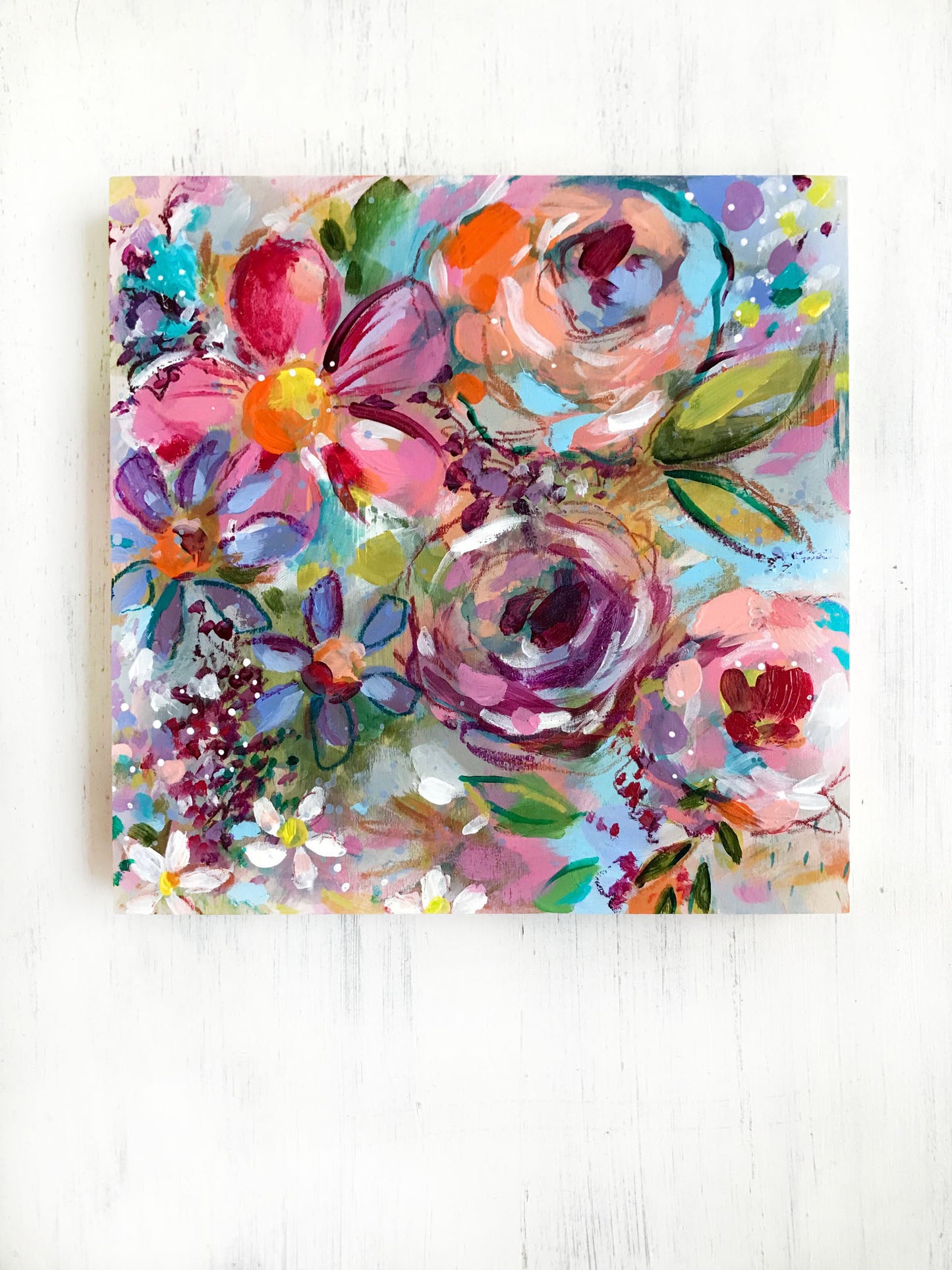 New Spring Floral Mixed Media Painting on 8x8 inch wood panel no.4 - Bethany Joy Art